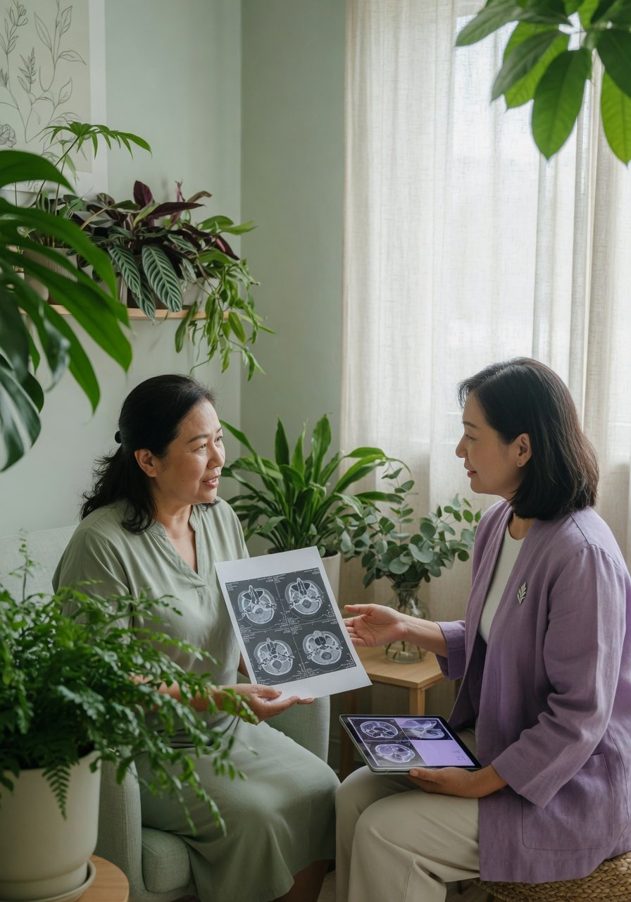 Patient and clinician reviewing a scan report in a calm botanical clinic