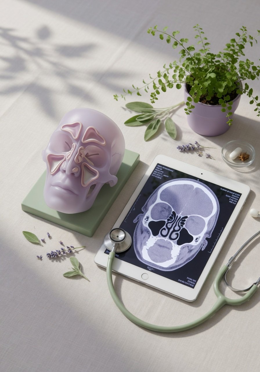 Sinus model and abstract scan image on a desk with plants