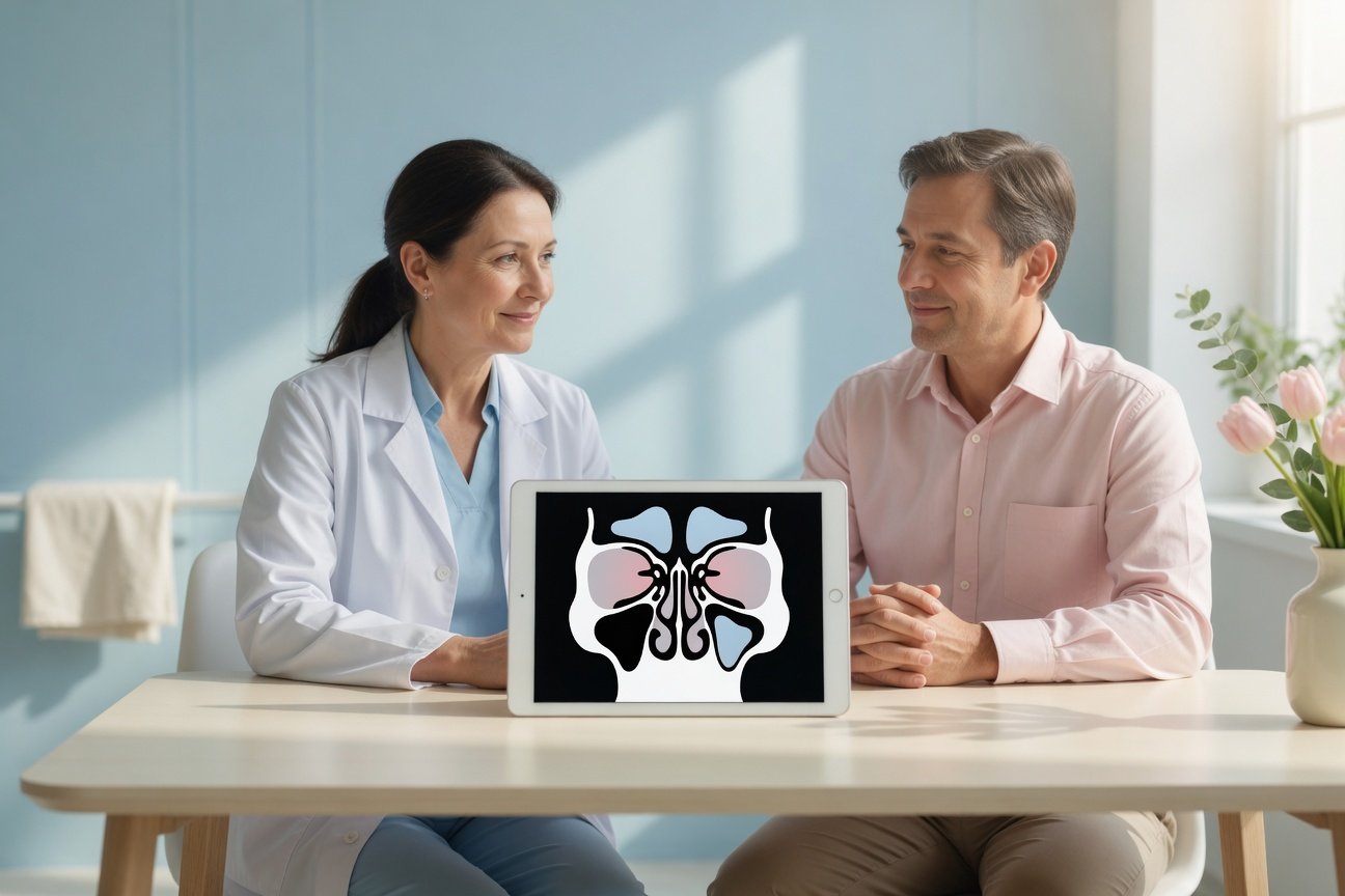 Clinician and patient review sinus imaging together in a bright room