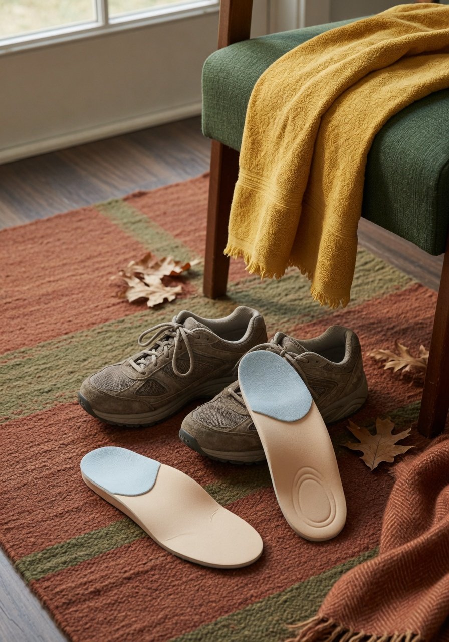 Walking shoes and orthotic inserts on a cozy rug for foot pain support