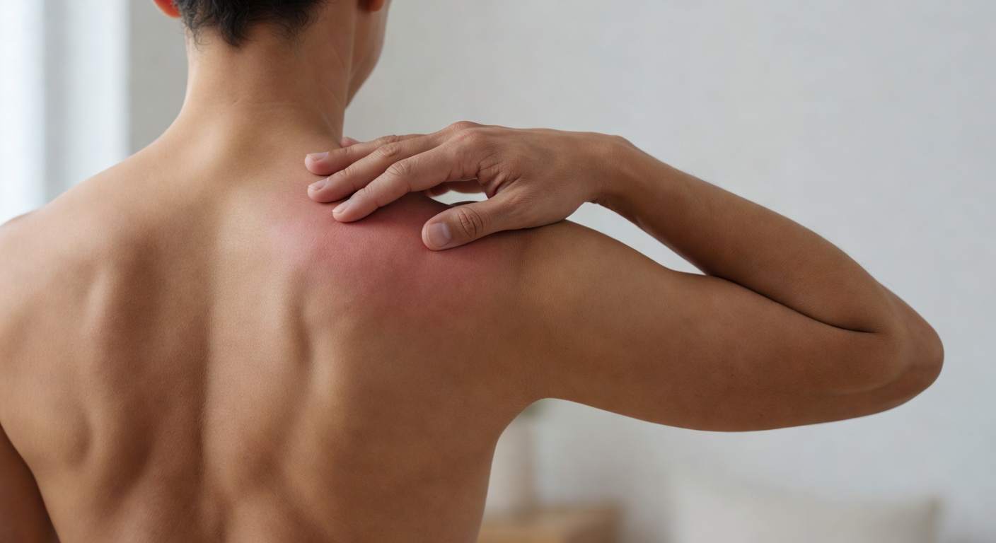 Non-identifiable person holding a sore shoulder in a calm clinical setting