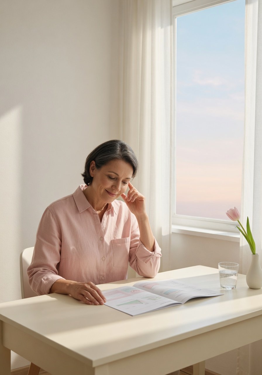 Person calmly touching ear while reviewing a health report by a bright window