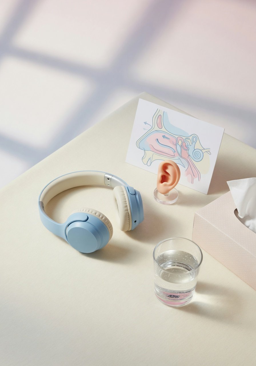 Headphones and ear model arranged beside a simple sinus and ear diagram