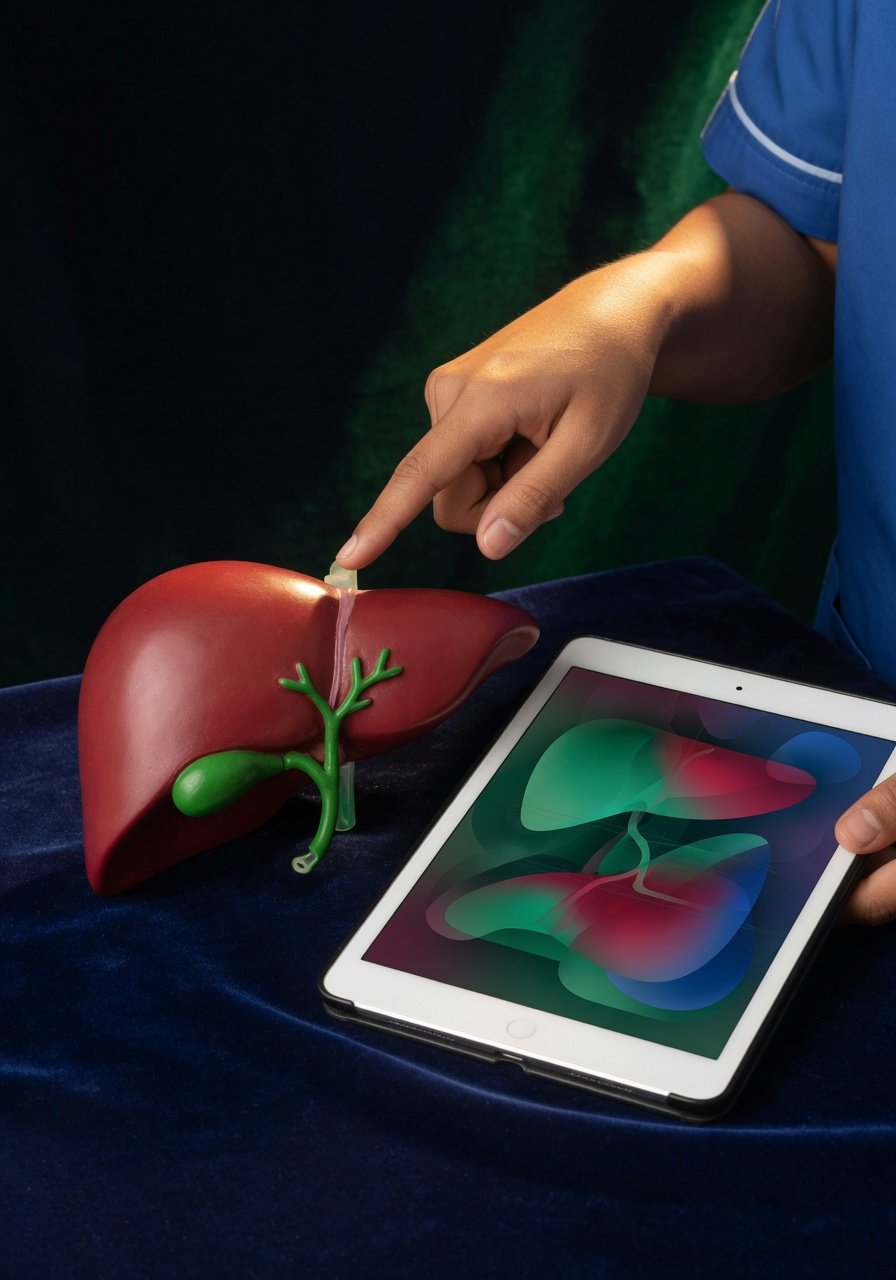 Clinician pointing to a liver and bile duct model during an imaging discussion