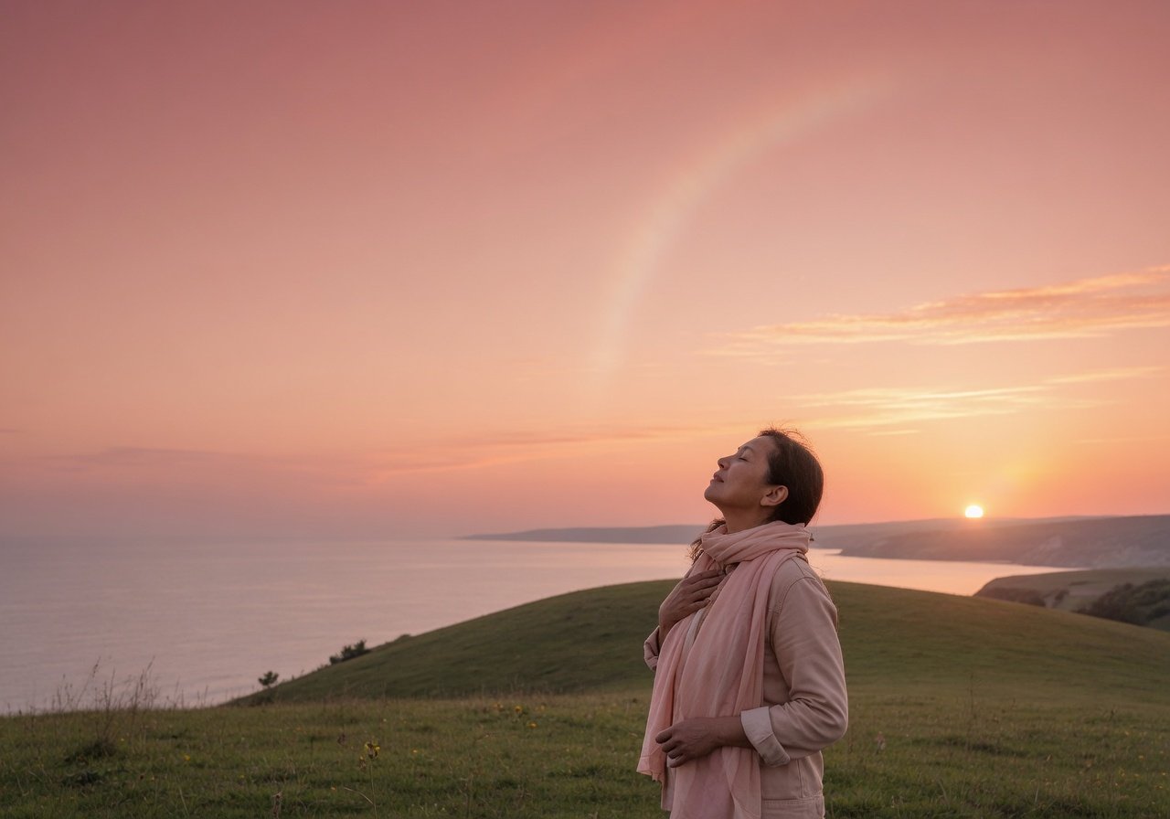 Person breathing calmly outdoors at sunrise with a hopeful mood