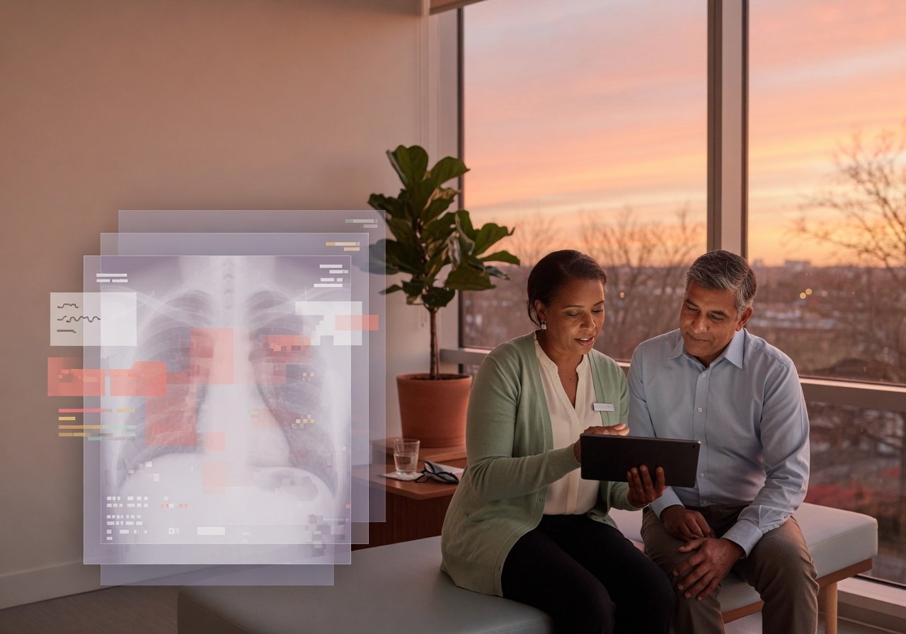 Doctor and patient calmly reviewing chest imaging on a tablet