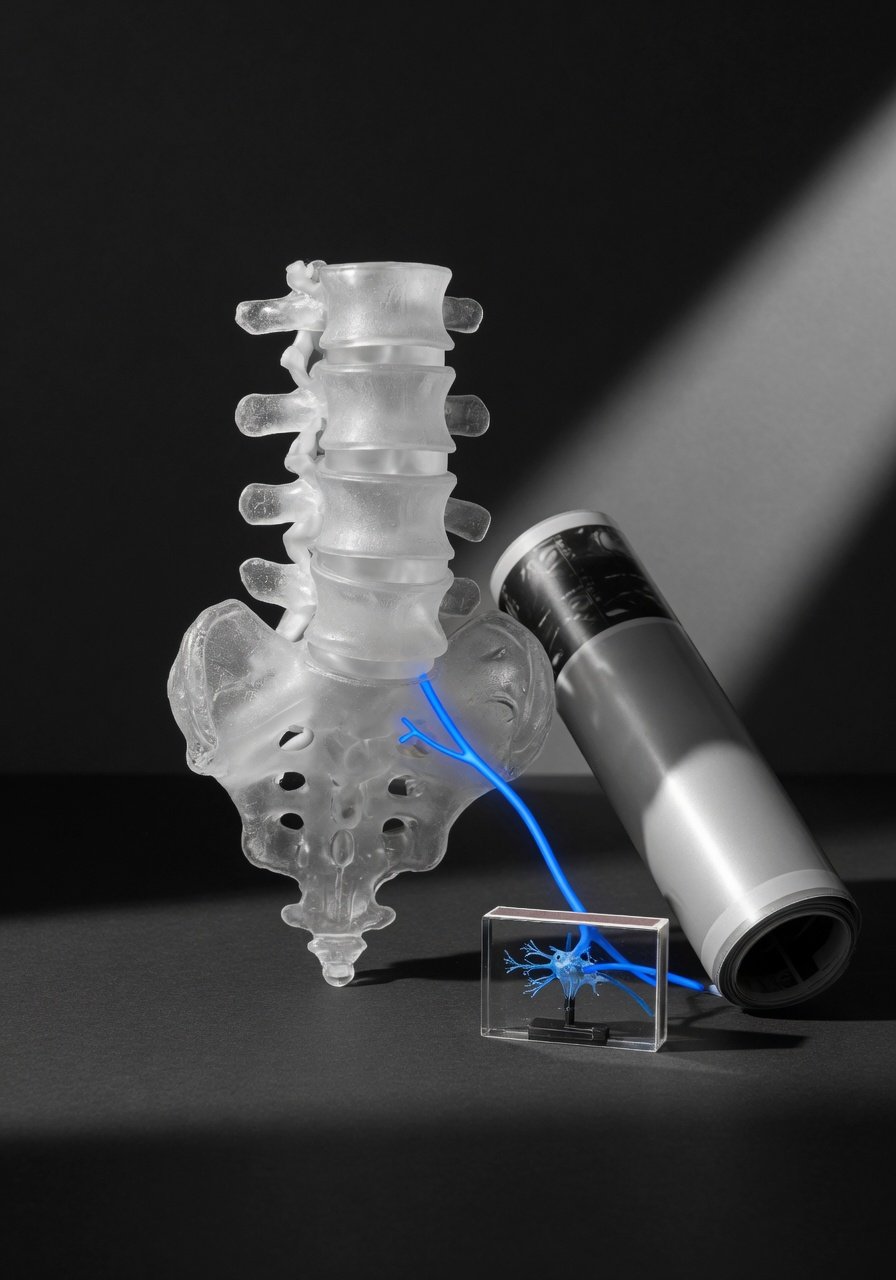 Lumbar spine model with highlighted lower back nerve pathway