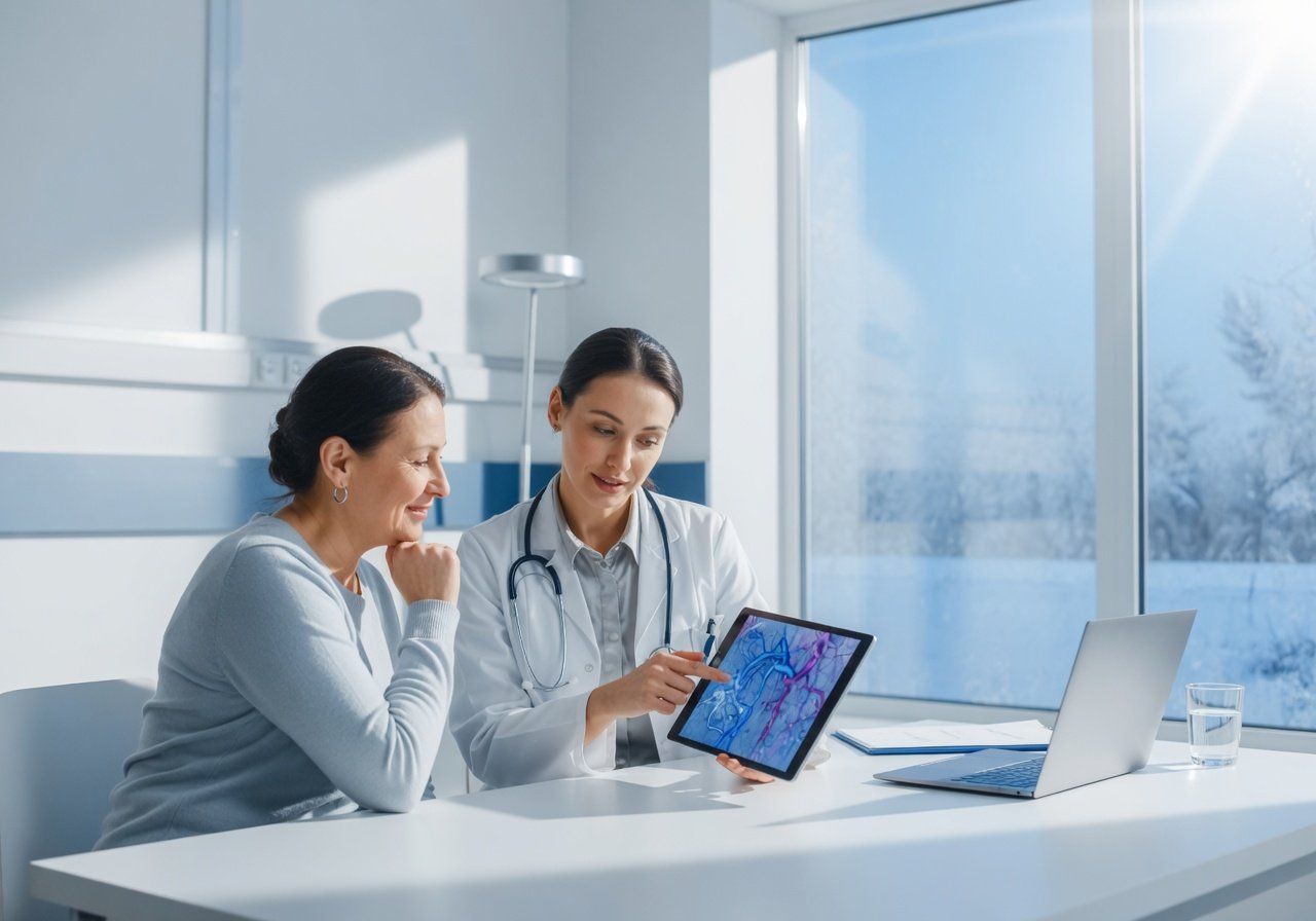 Patient and clinician reviewing vascular imaging in a bright clinic