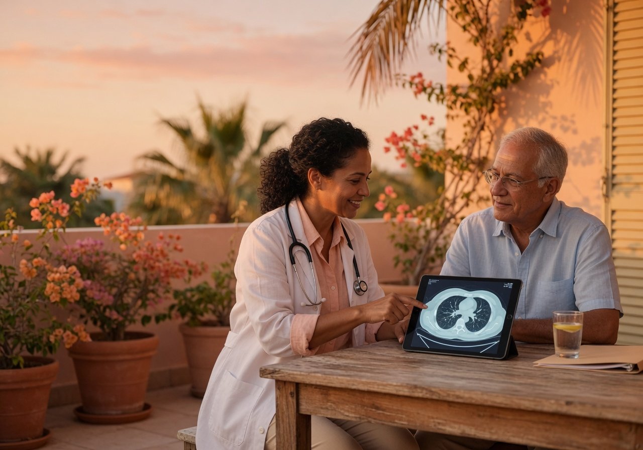 Doctor and patient reviewing chest CT images together in golden hour light