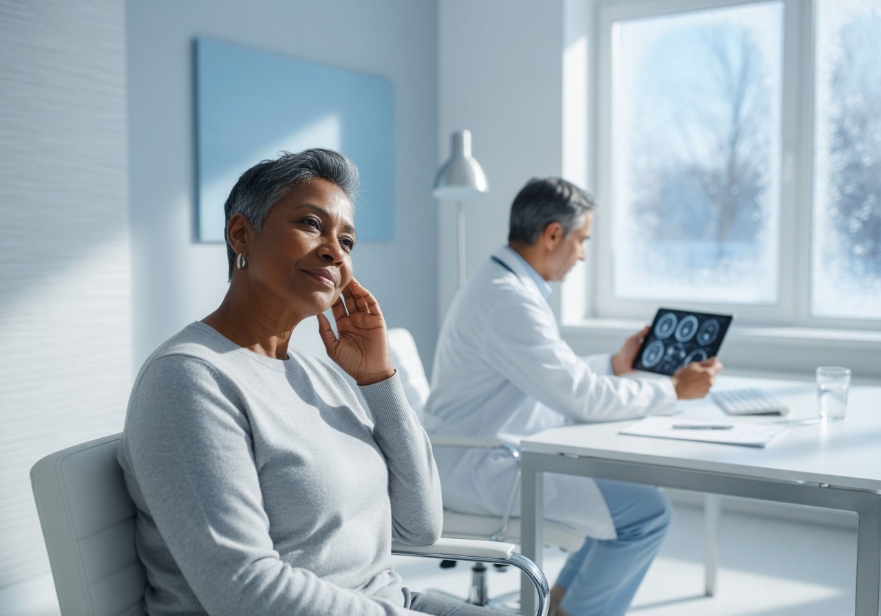 Patient in a bright clinic discussing tinnitus imaging with a clinician