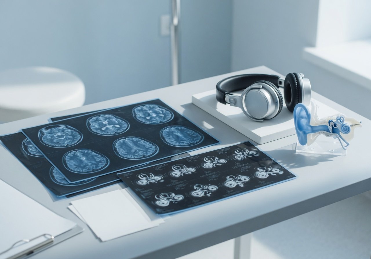 Audiology headphones and ear model beside brain and ear imaging films