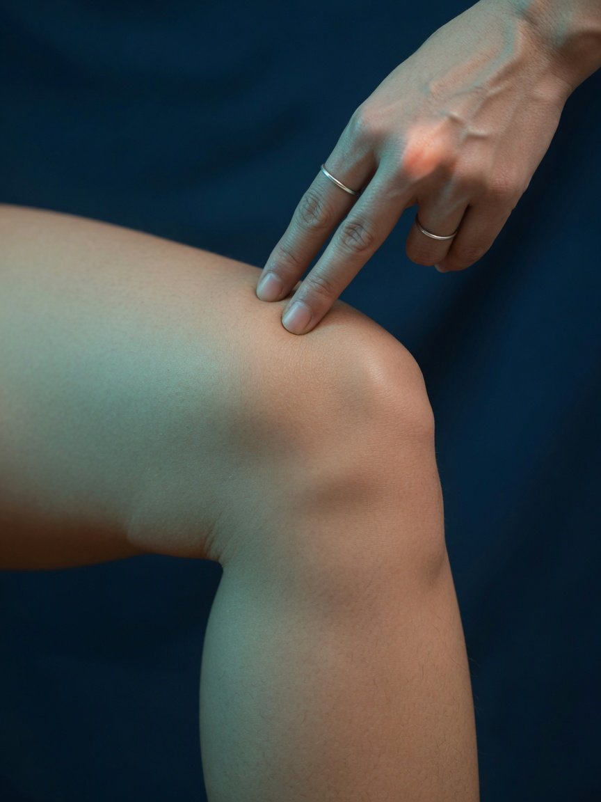 Close-up of a person touching the back of the knee where a Baker’s cyst may cause tightness