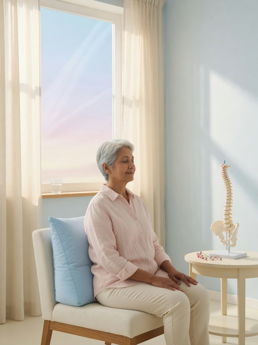 Older adult seated by a bright window with spine model nearby