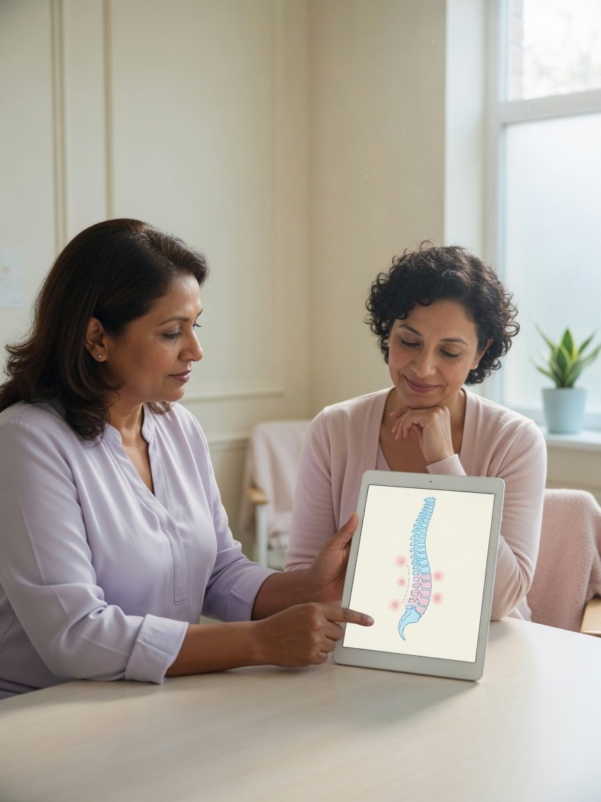 Clinician and patient reviewing spine imaging together in a bright clinic