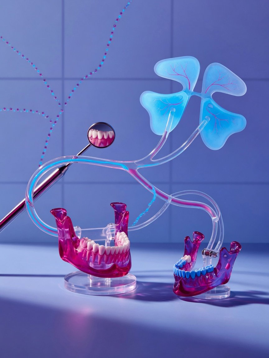 Jaw, sinus, and dental tools arranged to represent cross-specialty follow-up