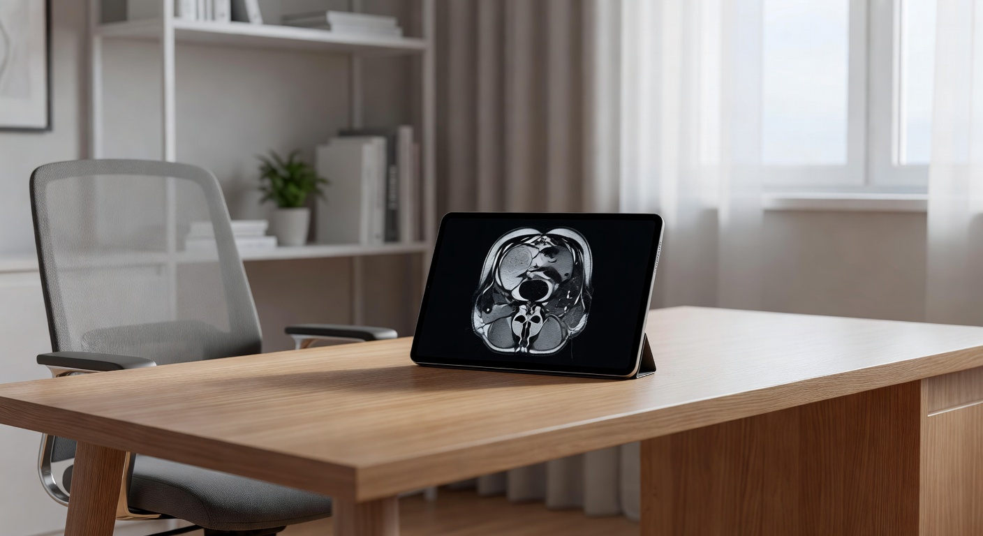Tablet with a prostate MRI image in a calm medical consultation room
