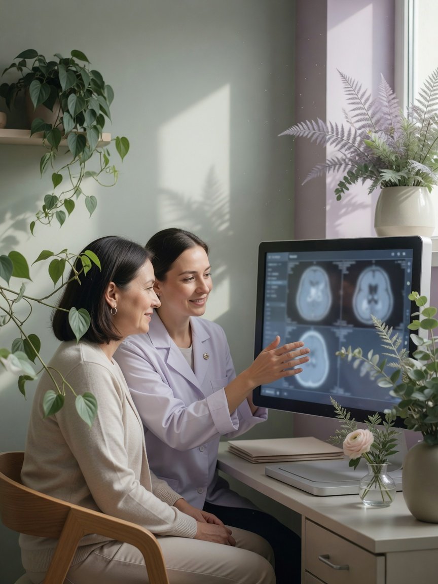 Patient and radiologist reviewing a medical scan together in a calm clinic