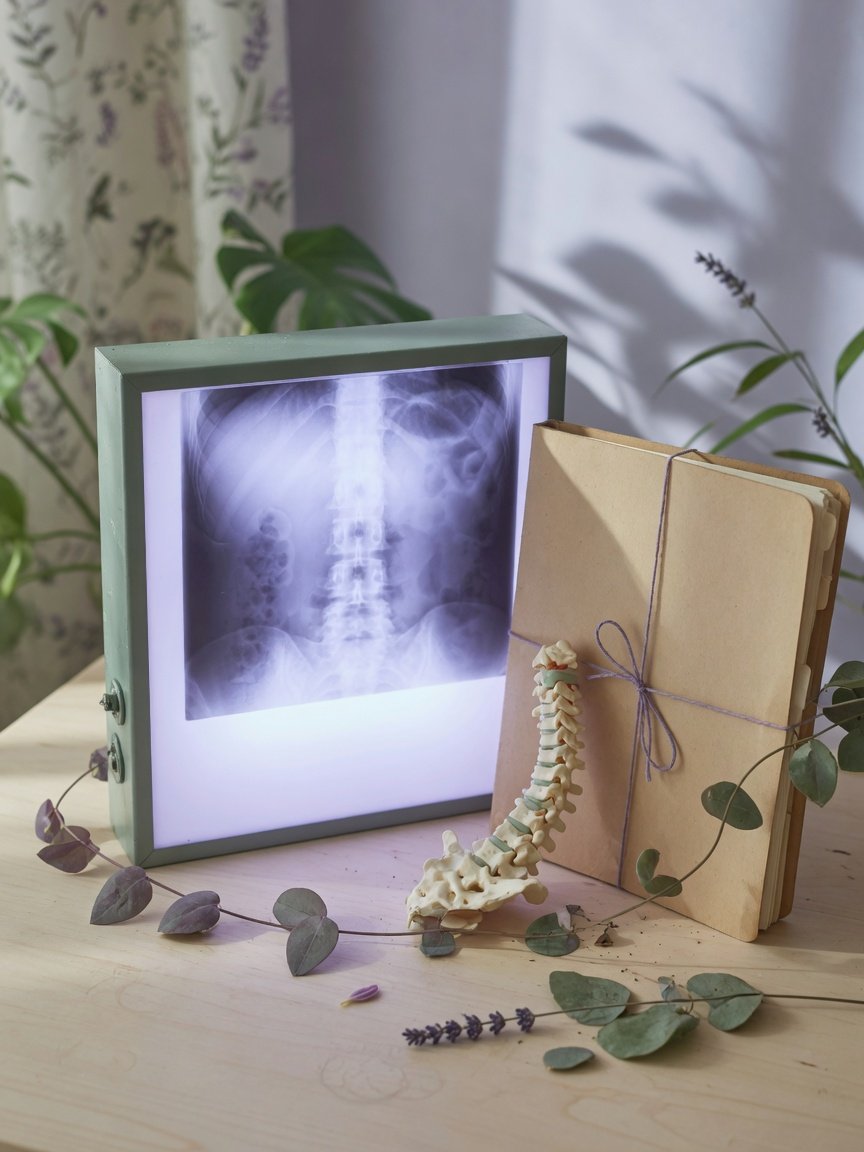 Scan viewer, medical records folder, and spine model arranged beside green plants