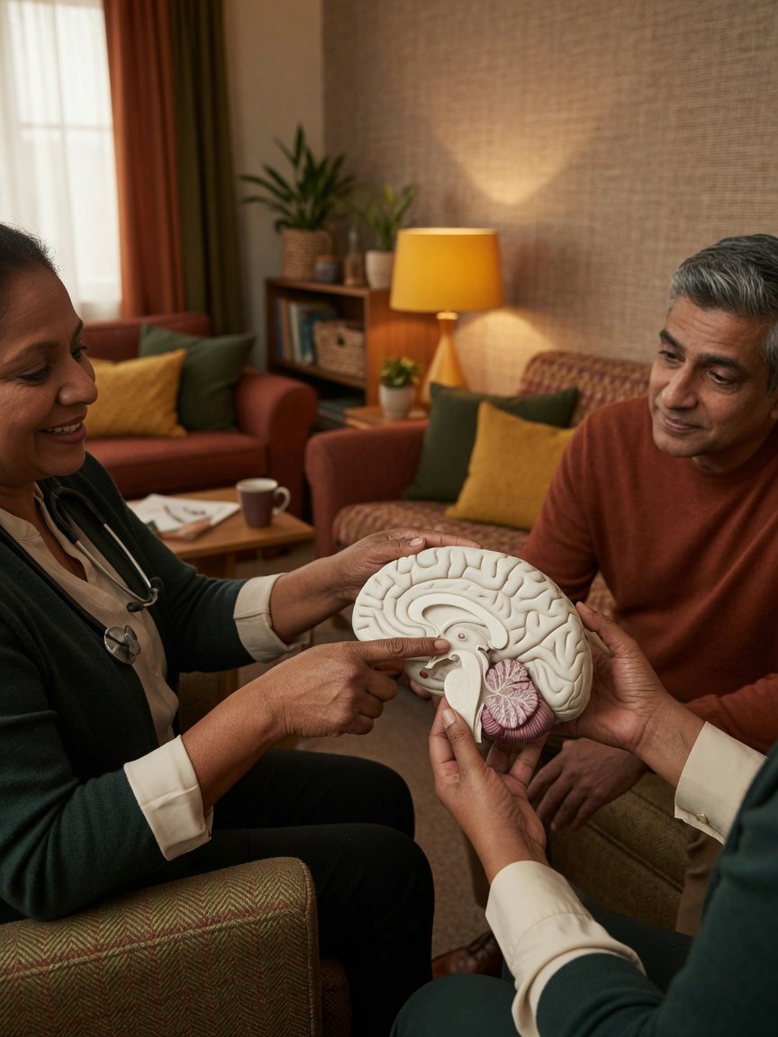 Clinician explains the lower brain and skull base using an anatomical model