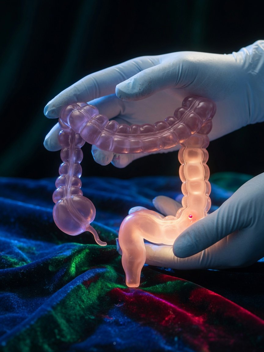 Clinician holding a colon model with the sigmoid area softly highlighted