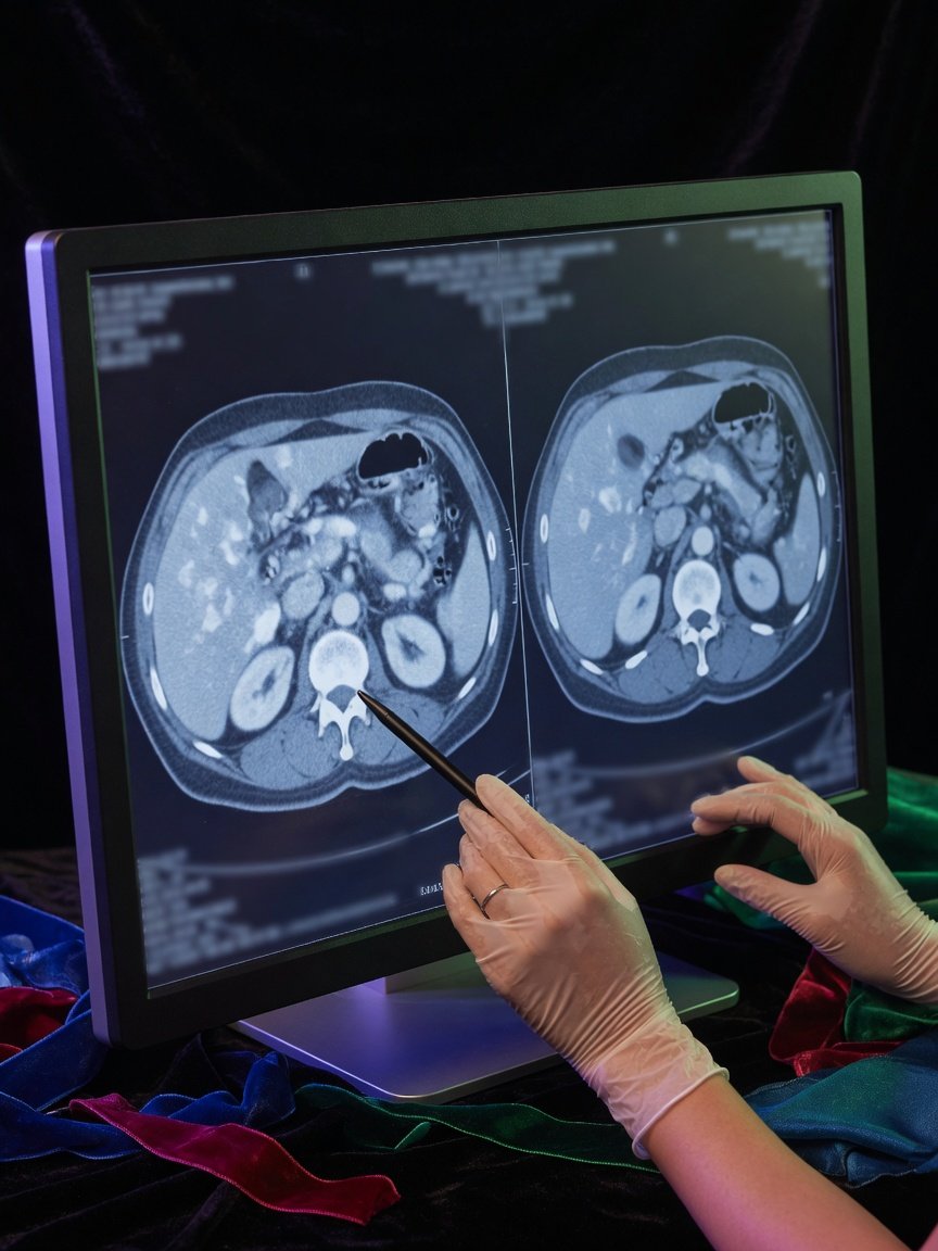 Radiologist comparing abdominal CT scans for changes in localized inflammation