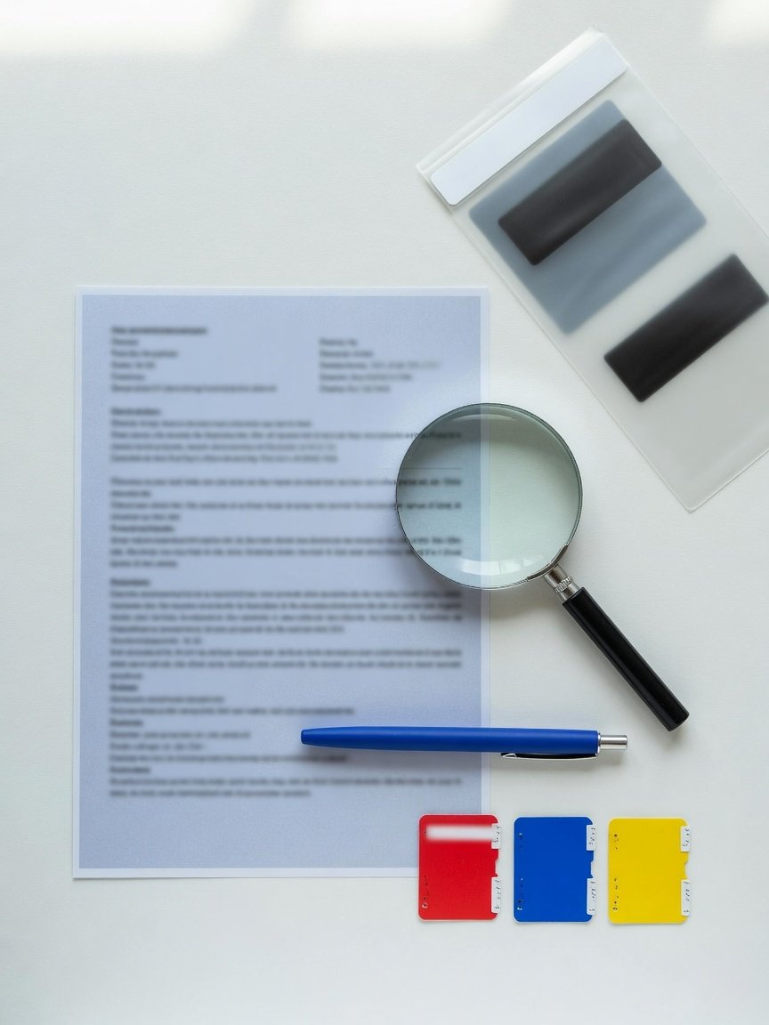 Magnifying glass above an unreadable radiology report on a clean clinical desk