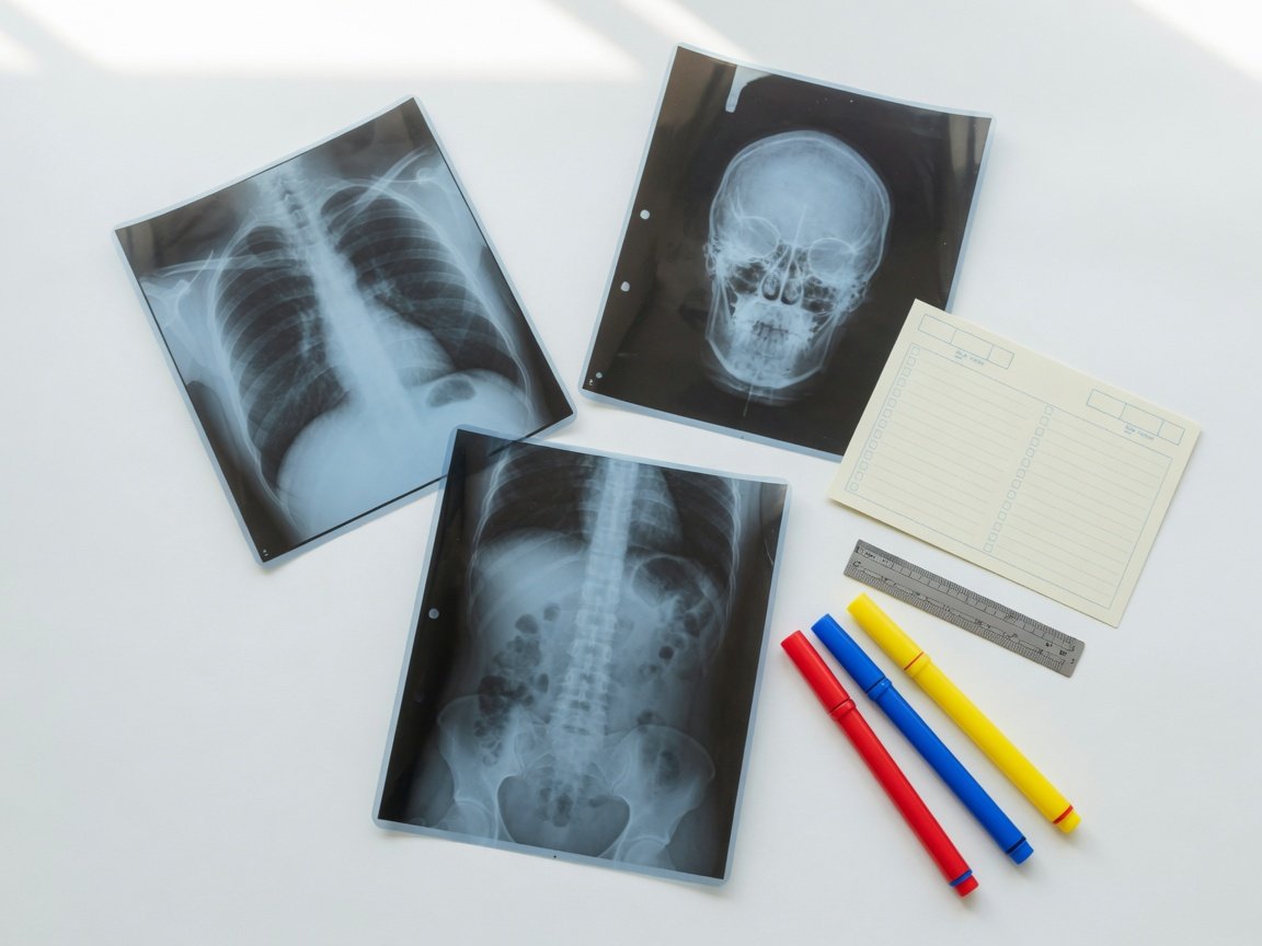 Three anonymized scan films arranged with color markers and a blank medical history card