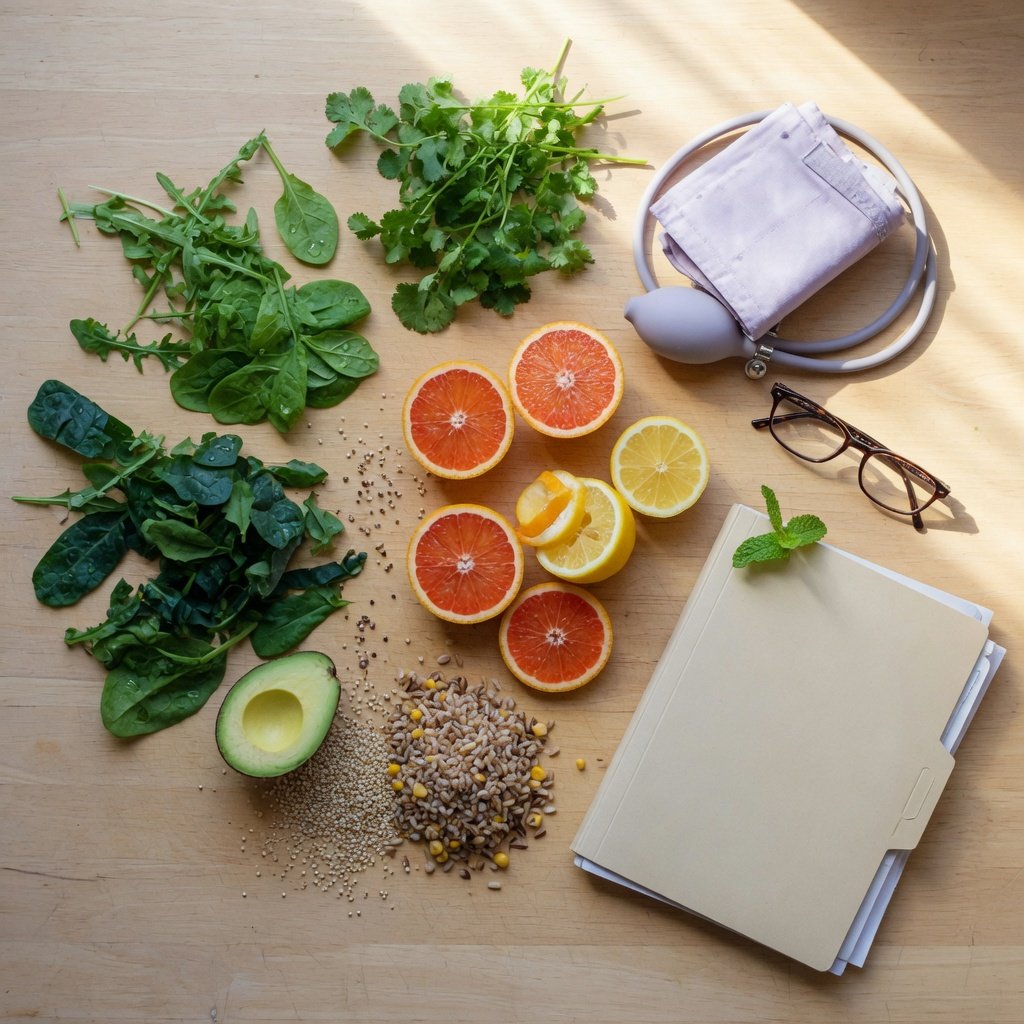 Healthy foods and a blood pressure cuff arranged in a bright kitchen