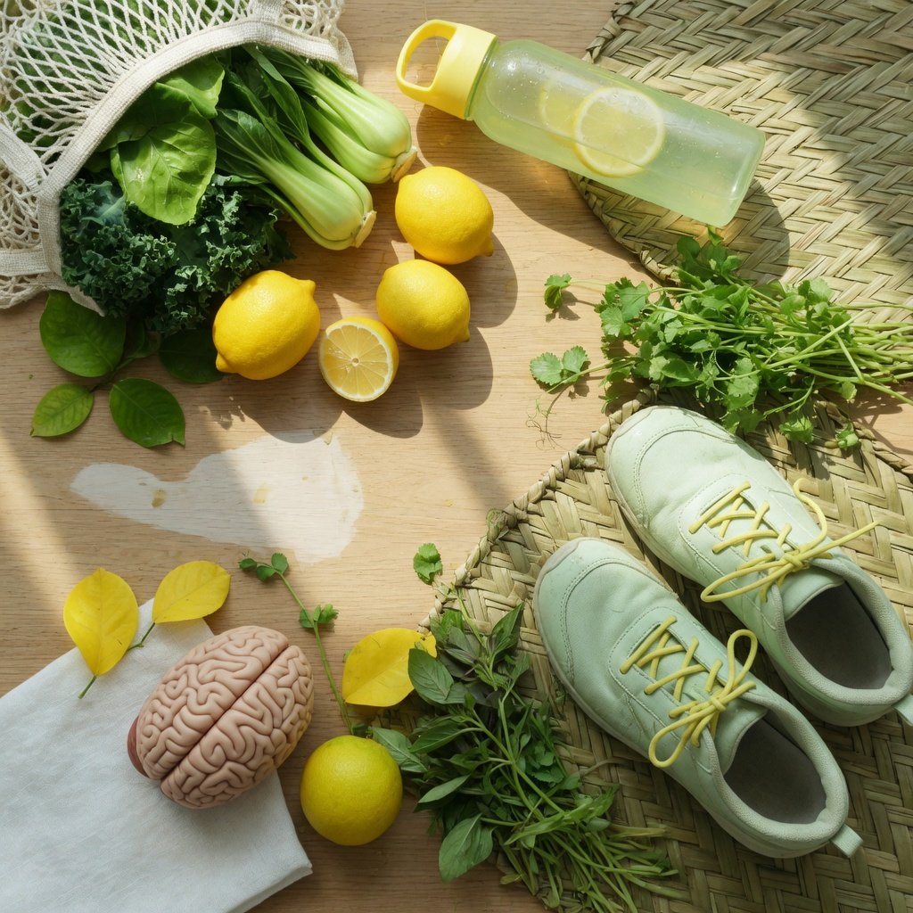 Brain model, fresh produce, and walking shoes representing vascular health