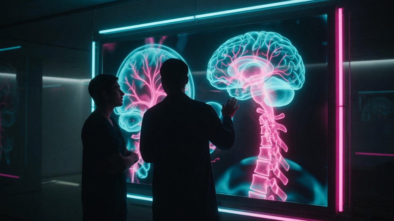 Patient and clinician review medical scans together in a neon-lit clinic.