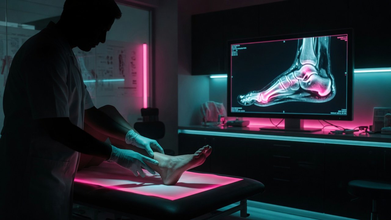 Clinician compares a foot examination with an MRI image in a neon-lit room.