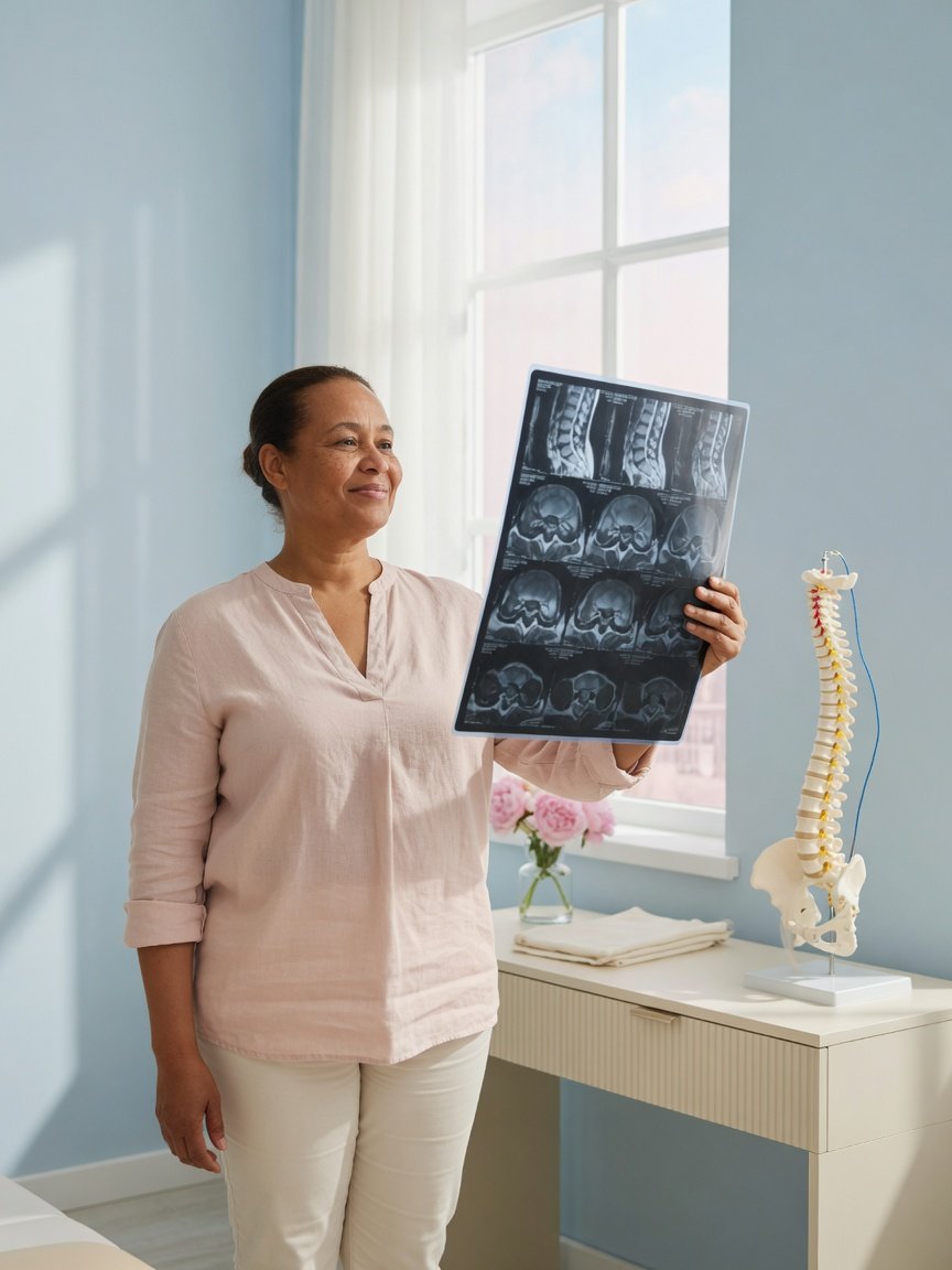 Adult reviewing a lumbar spine MRI in a bright, calm clinic