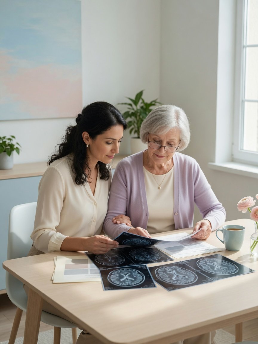 Adult daughter and older parent calmly review a brain MRI report together.