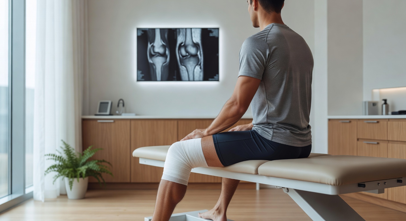 Athlete with wrapped knee in a sports medicine clinic with MRI images in background