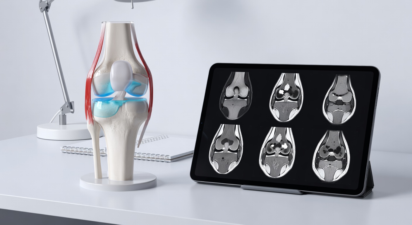 Simplified knee model beside abstract MRI images illustrating common sports injury findings