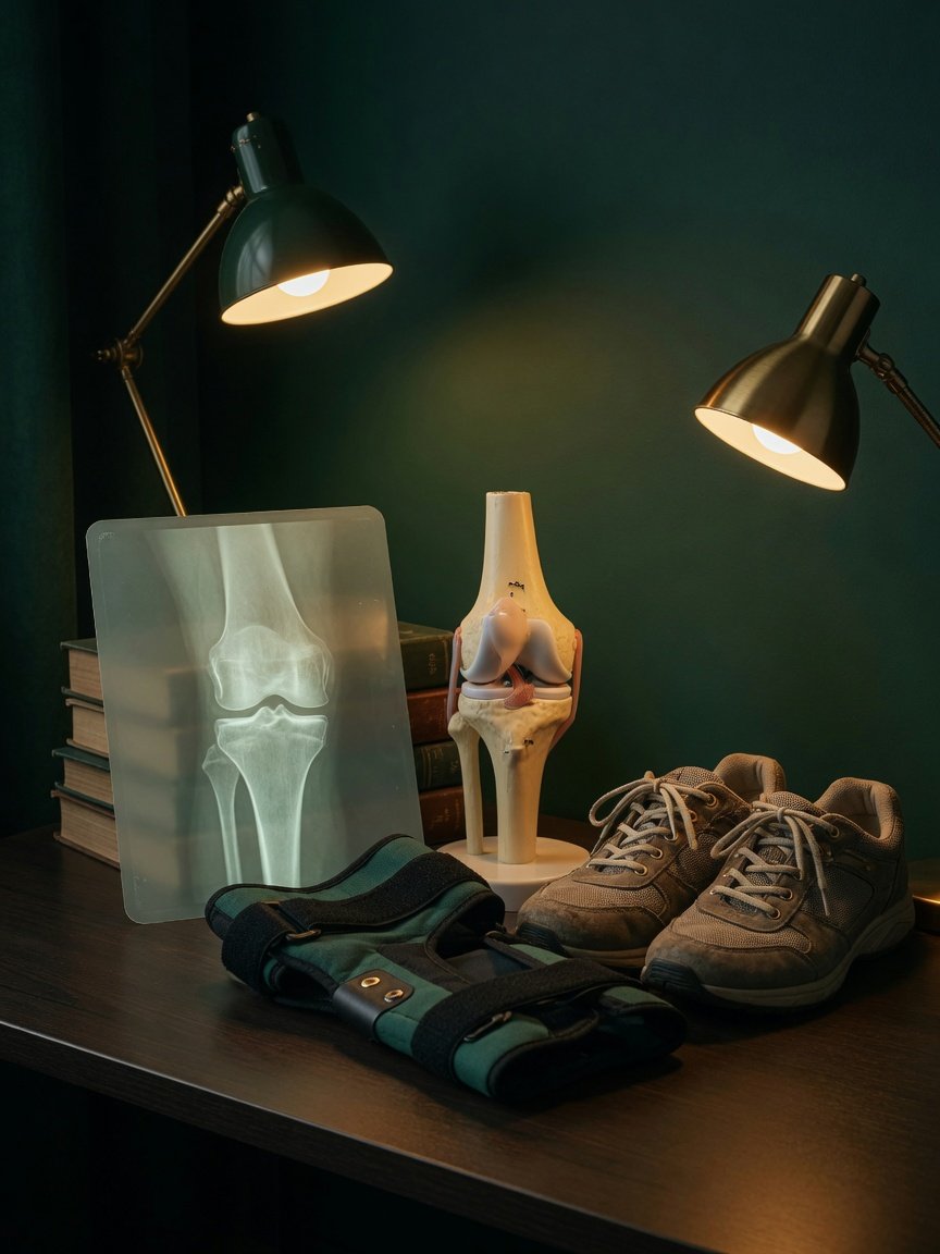 Knee MRI, anatomical model, brace, and walking shoes arranged in warm lamplight.