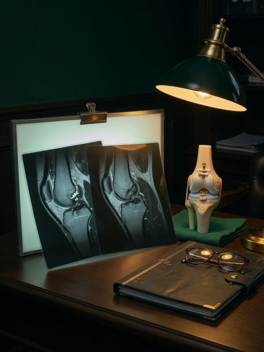 Knee MRI films and a joint model beside surgical notes in warm, shadowed light.