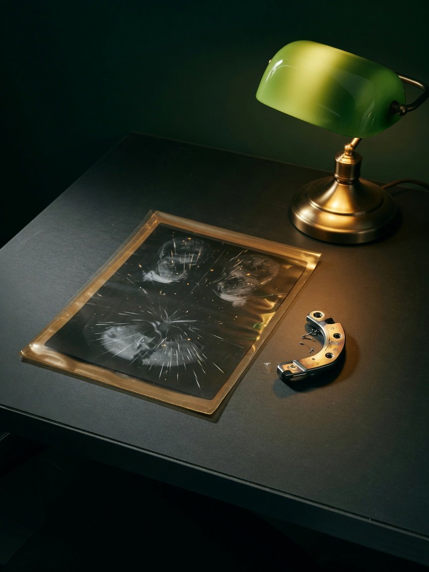 MRI images and an implant model arranged on a softly lit clinical desk