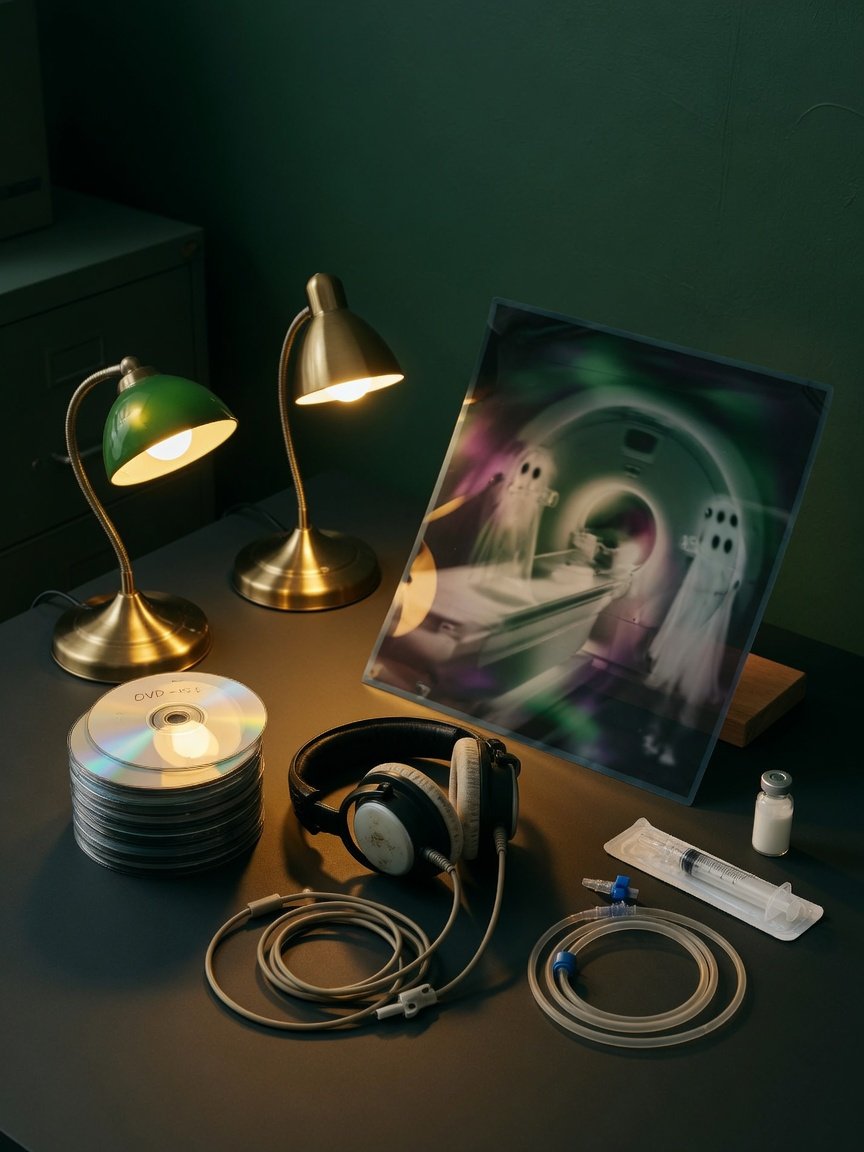 MRI disc, headphones, and imaging materials representing motion and an incomplete scan