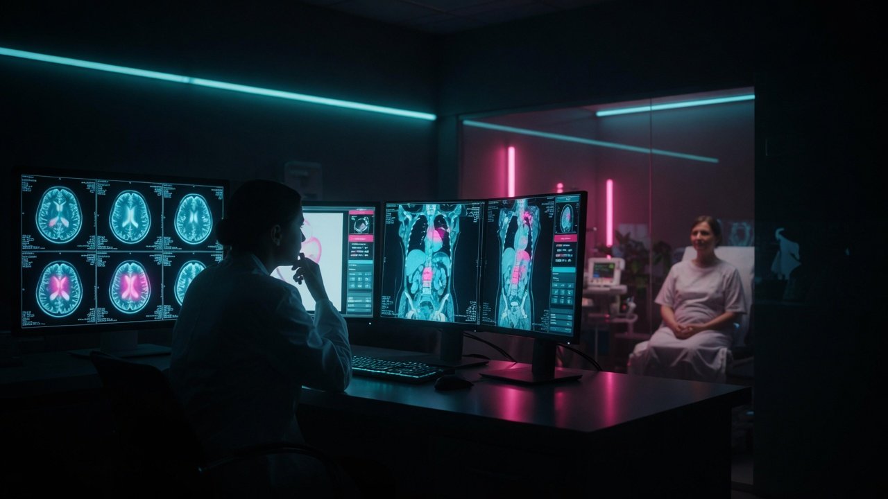 Radiologist comparing medical scans from different years on illuminated monitors