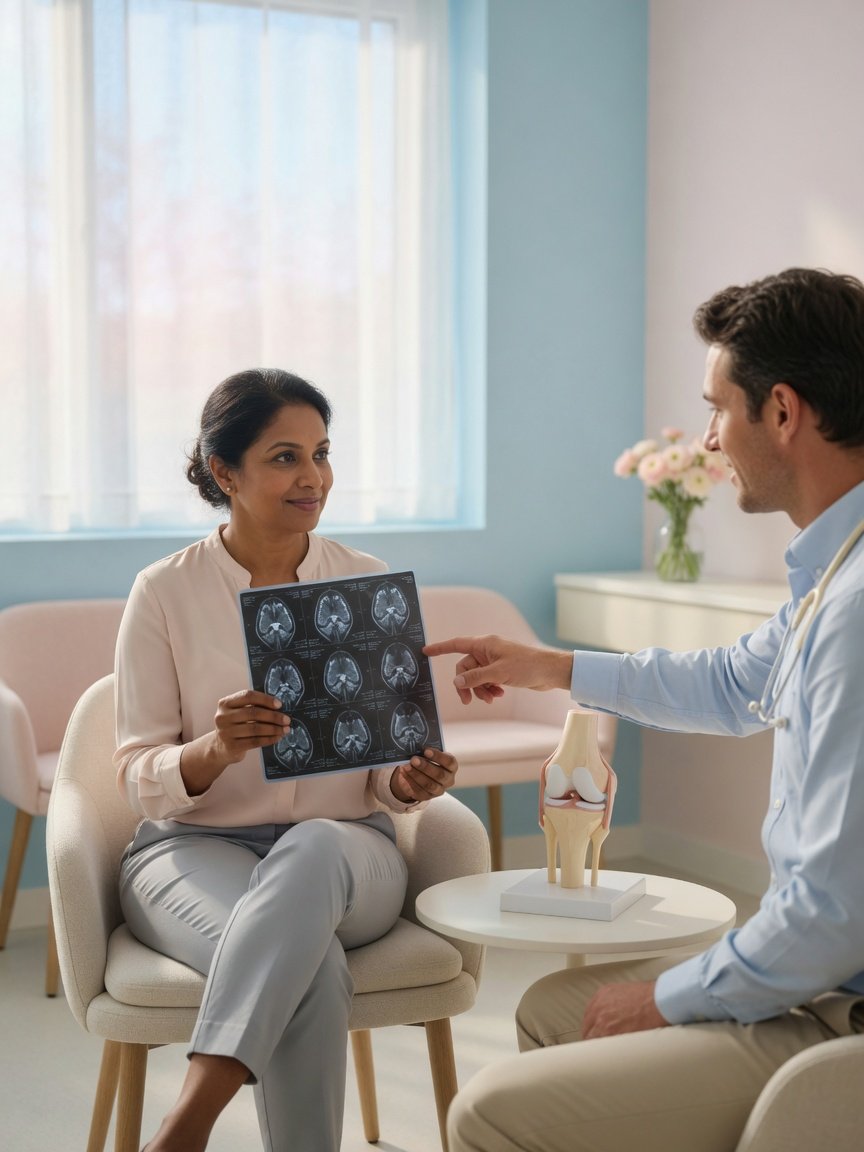 Clinician and patient reviewing a knee MRI beside a knee model