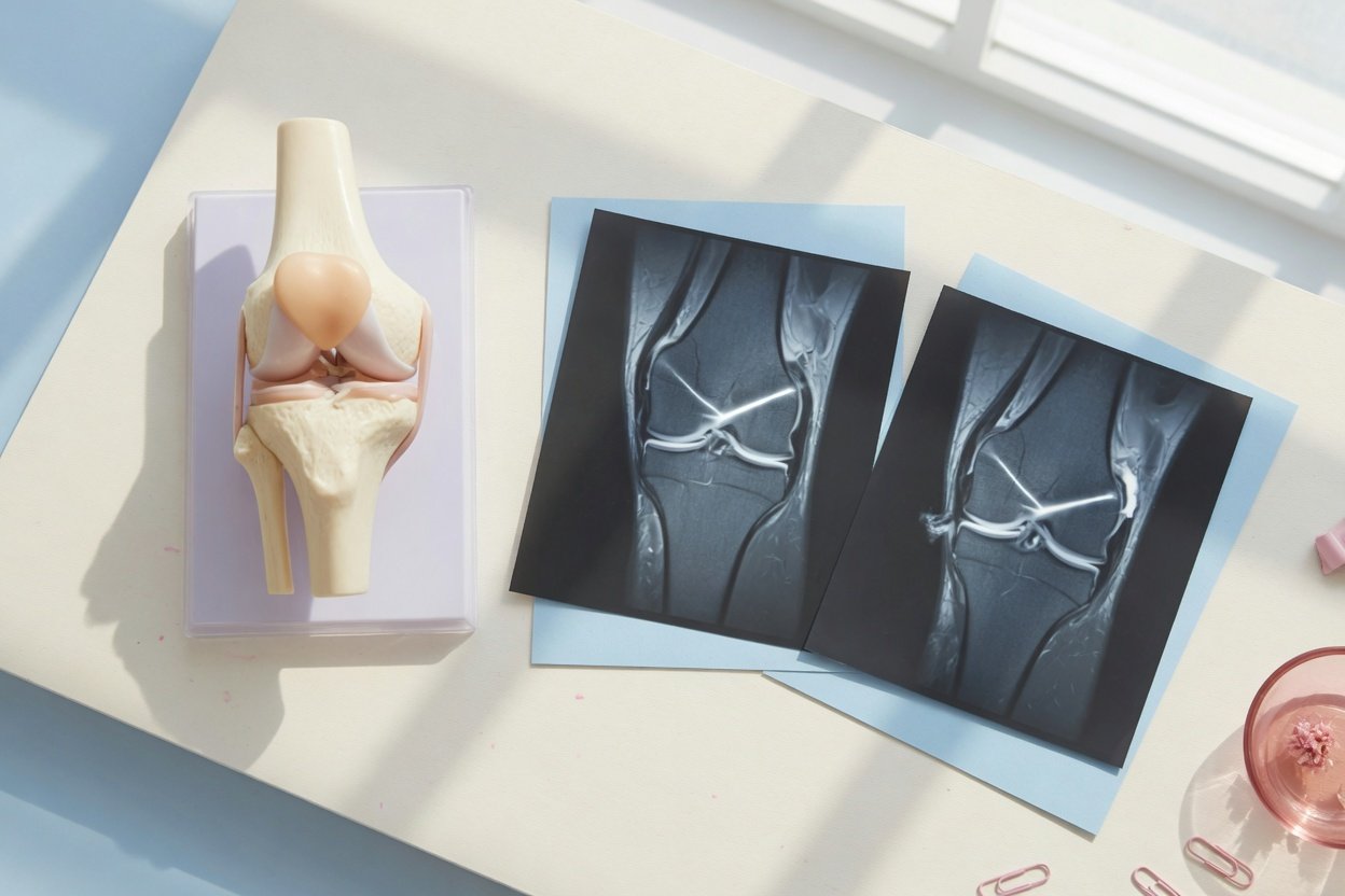 Knee model beside MRI images illustrating different meniscal signal patterns