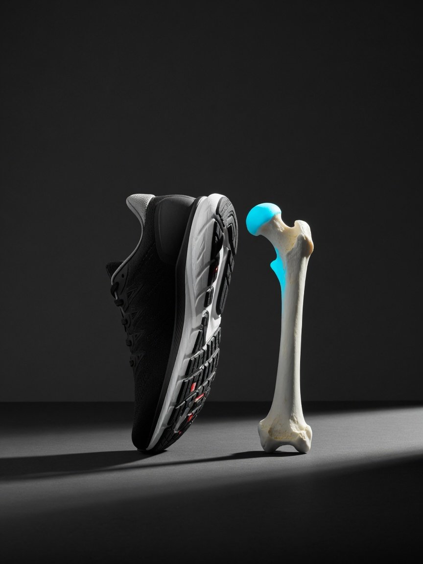 Running shoe beside a femur model with the upper thigh bone highlighted
