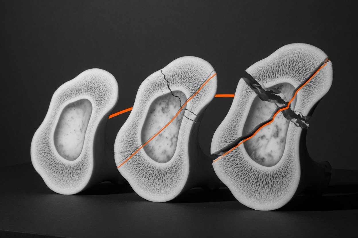 Three bone models showing progression from stress reaction to fracture