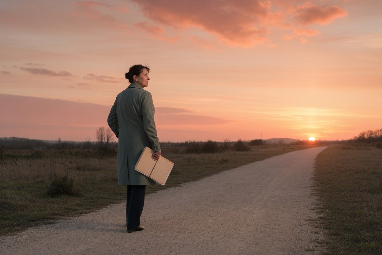 Person carrying a medical folder along a sunlit path toward a hopeful horizon