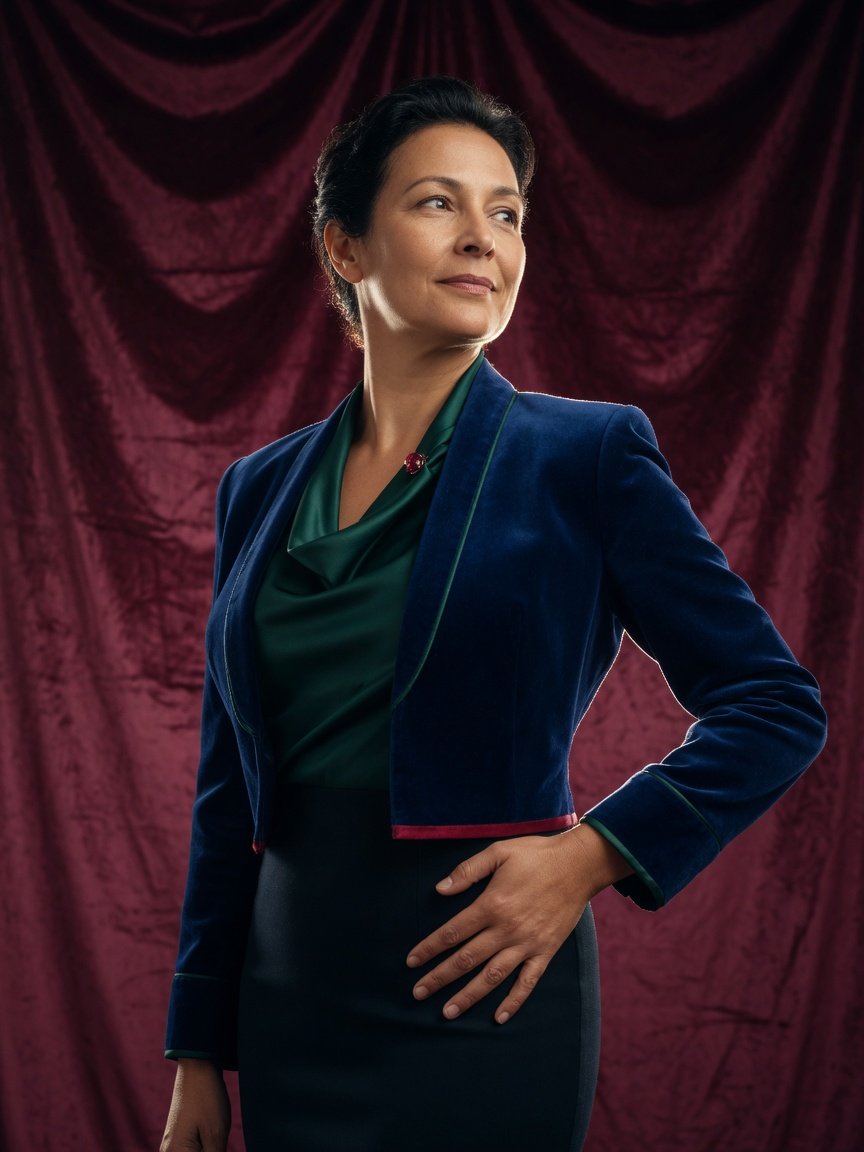 Adult gently holding the hip in a dark, jewel-toned studio setting