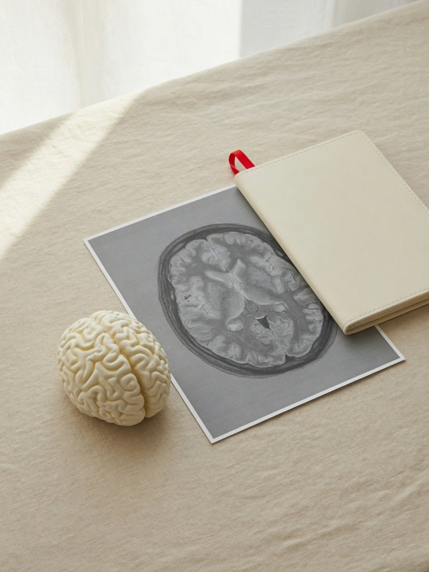 Ivory brain model and grayscale scan print on beige linen beside a notebook with a red bookmark.