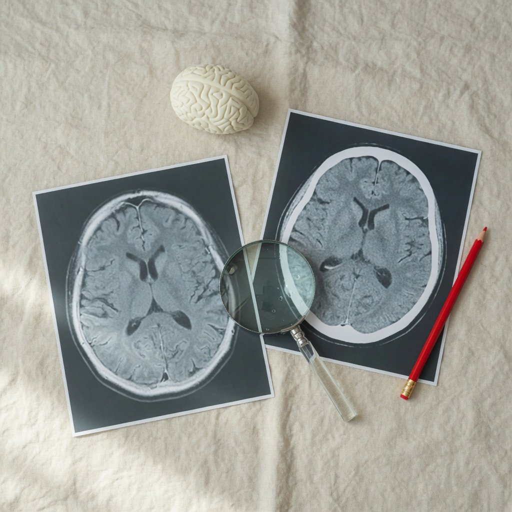 Two grayscale brain imaging prints and a magnifying glass on beige linen with a red pencil.