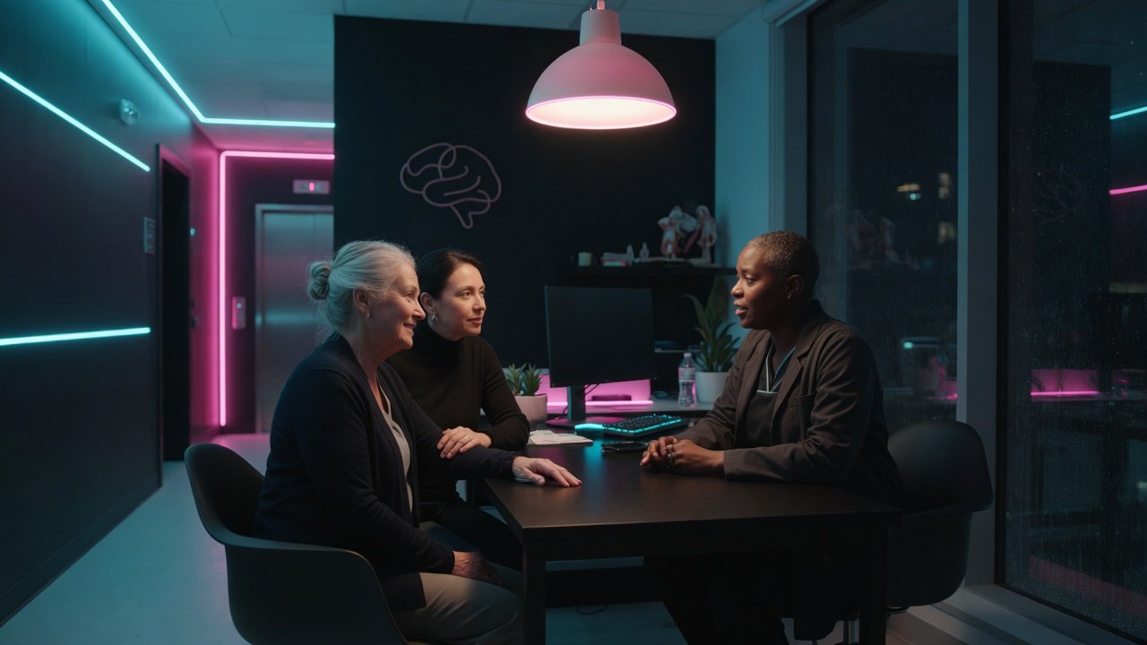 An older adult and family member speak with a clinician in a softly lit neurology clinic.