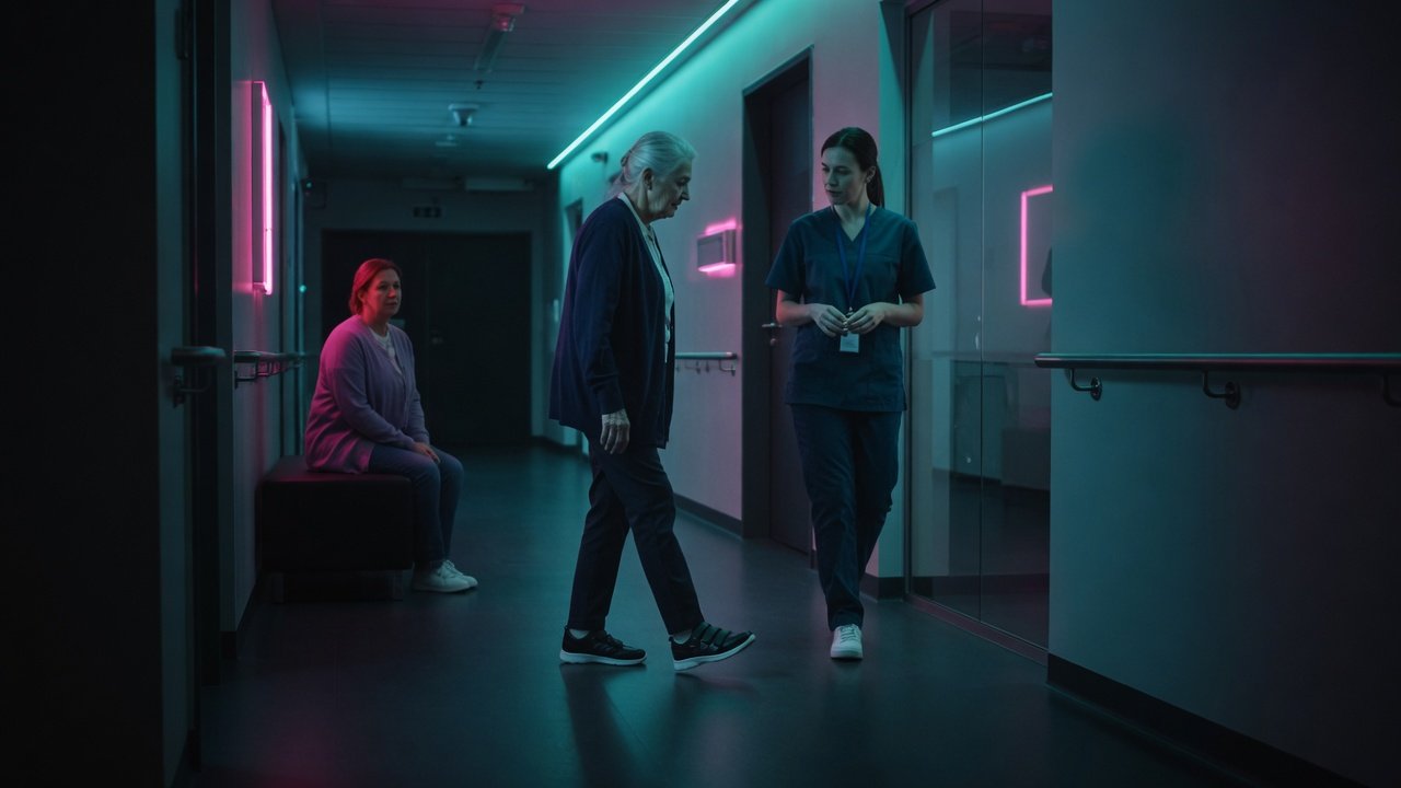 A clinician observes an older adult walking during a neurological assessment in a softly lit corridor.